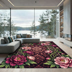 Dramatic Burgundy Peony Damask Trellis Rug