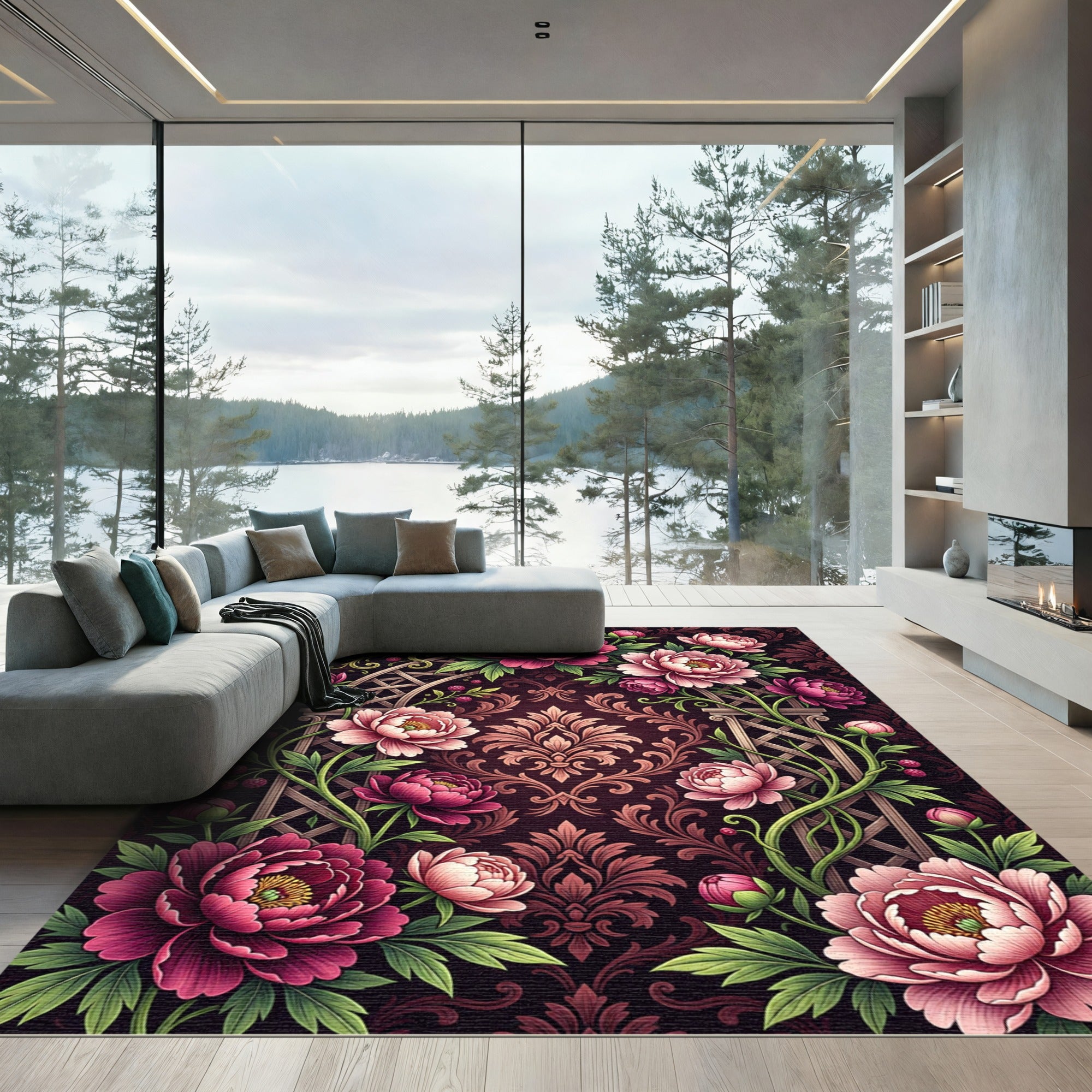 Dramatic Burgundy Peony Damask Trellis Rug