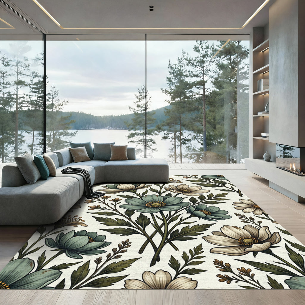 Sage and Cream Botanical Floral Arrangement Rug