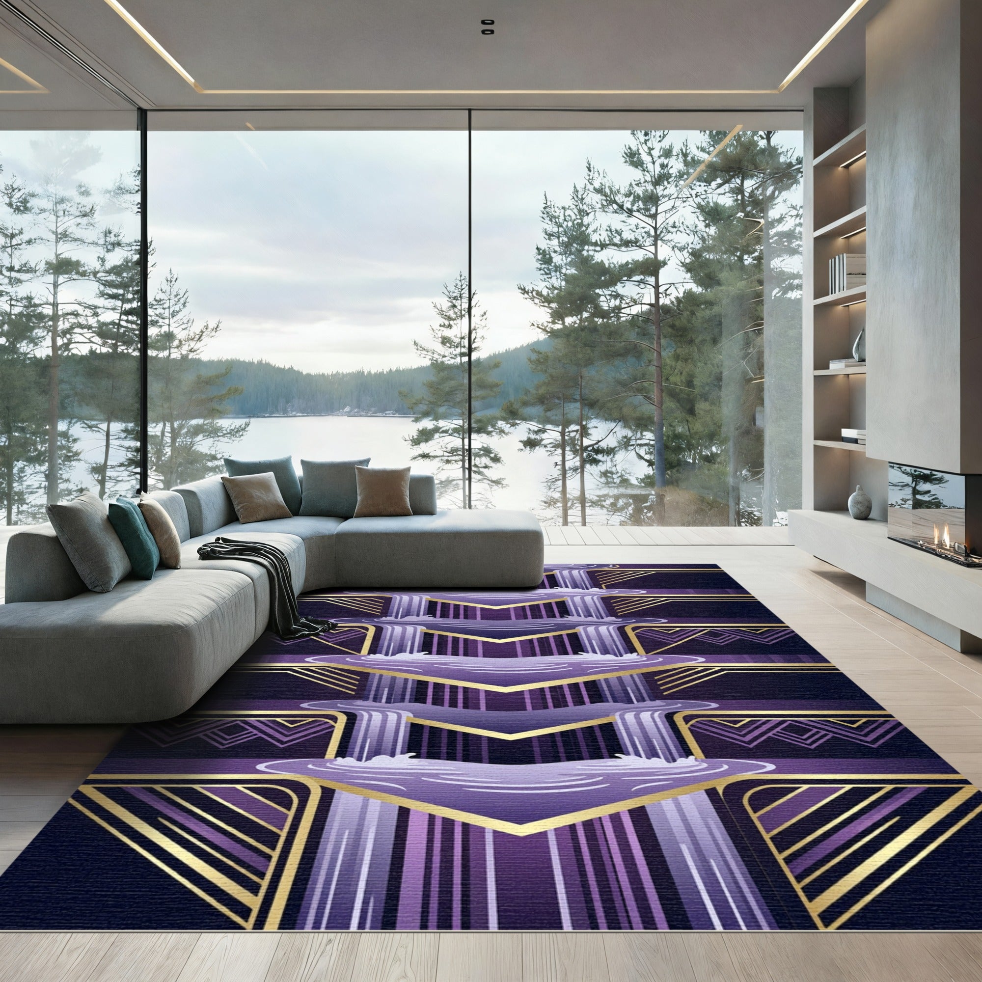 Art Deco Violet Golden Waterfall Geometric Rug