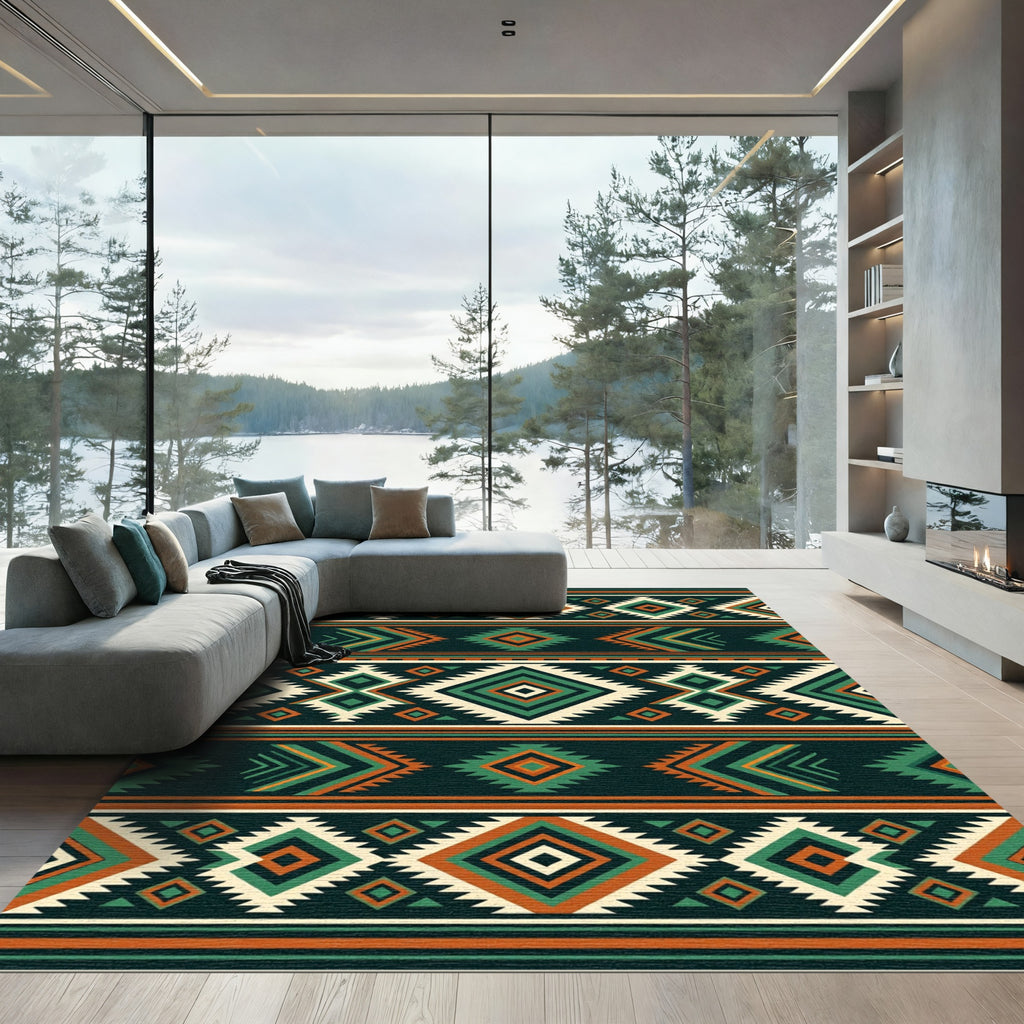 Earthy Teal Orange Geometric Tribal Diamond Rug