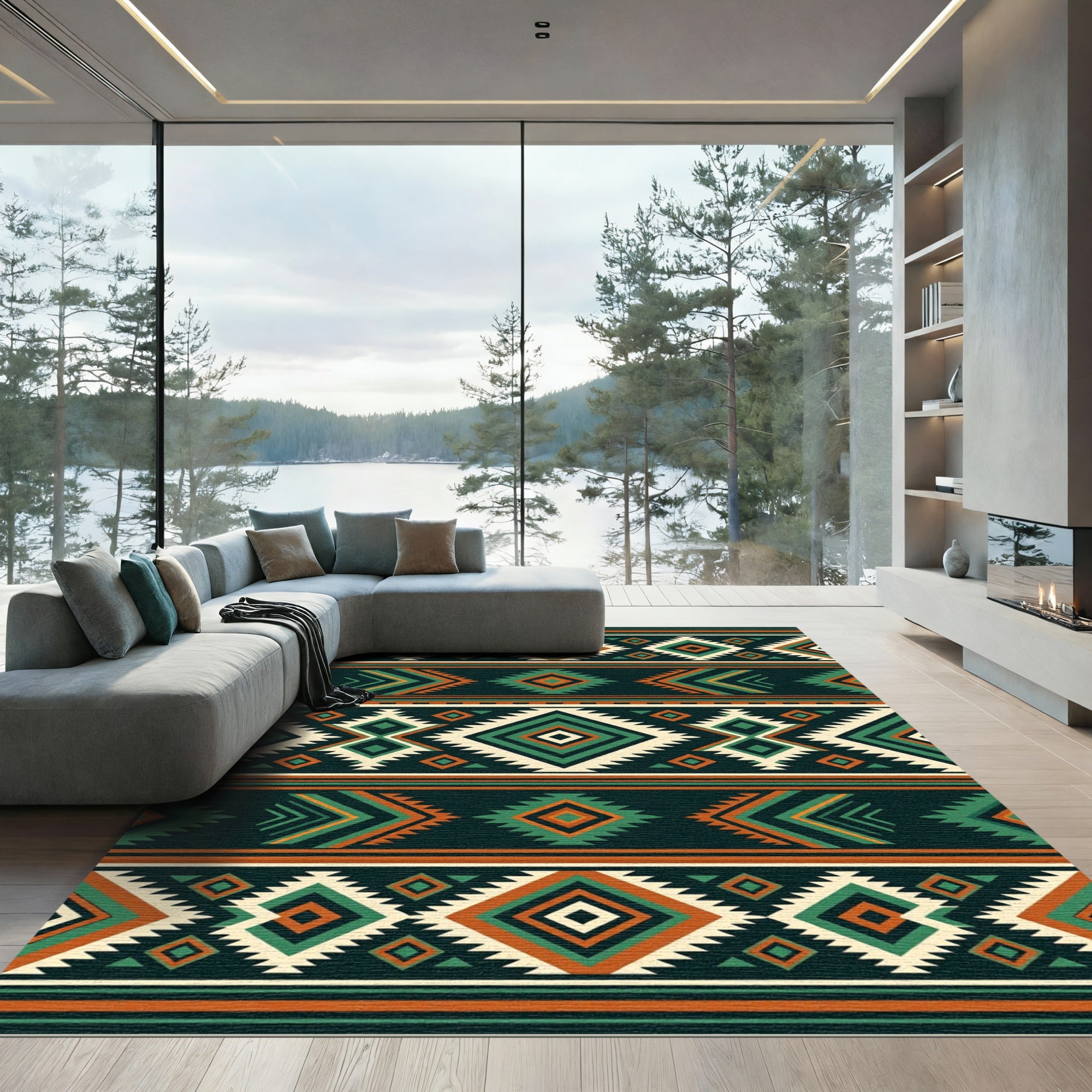 Earthy Teal Orange Geometric Tribal Diamond Rug