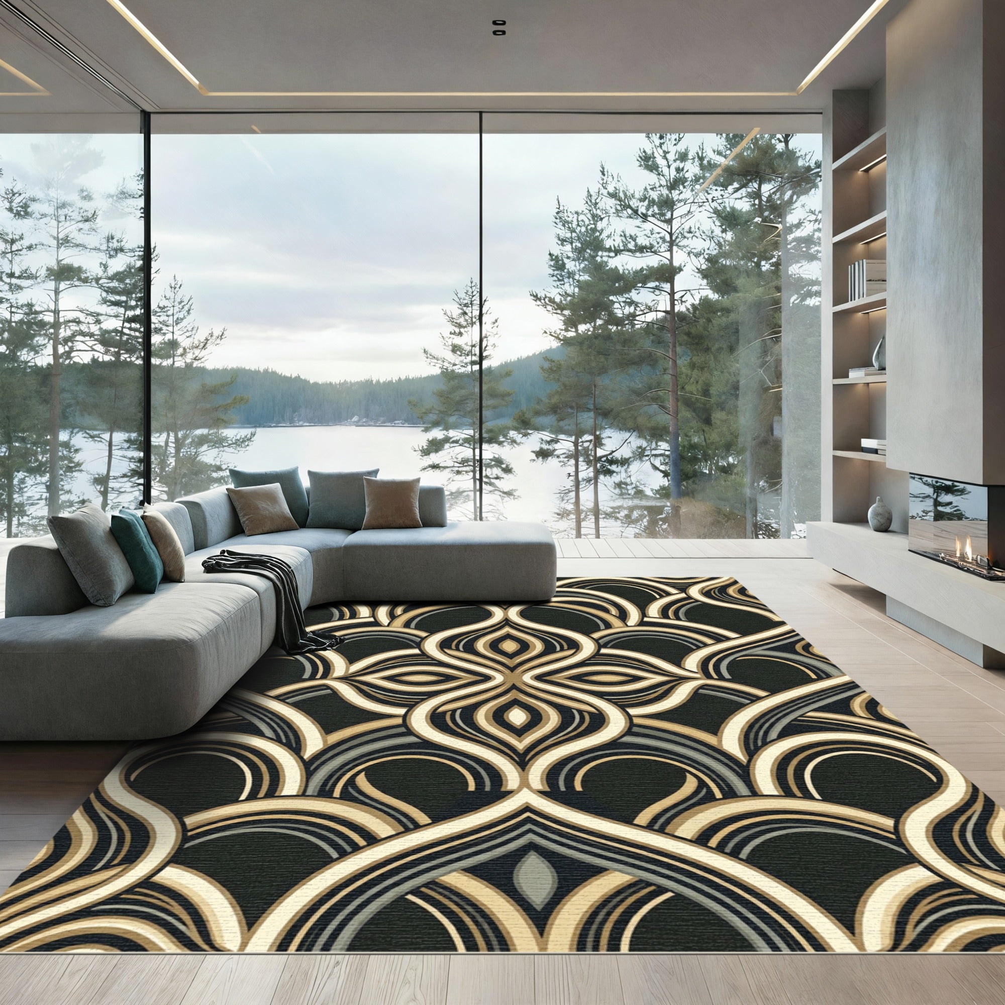 Art Deco Gold and Black Swirl Rug