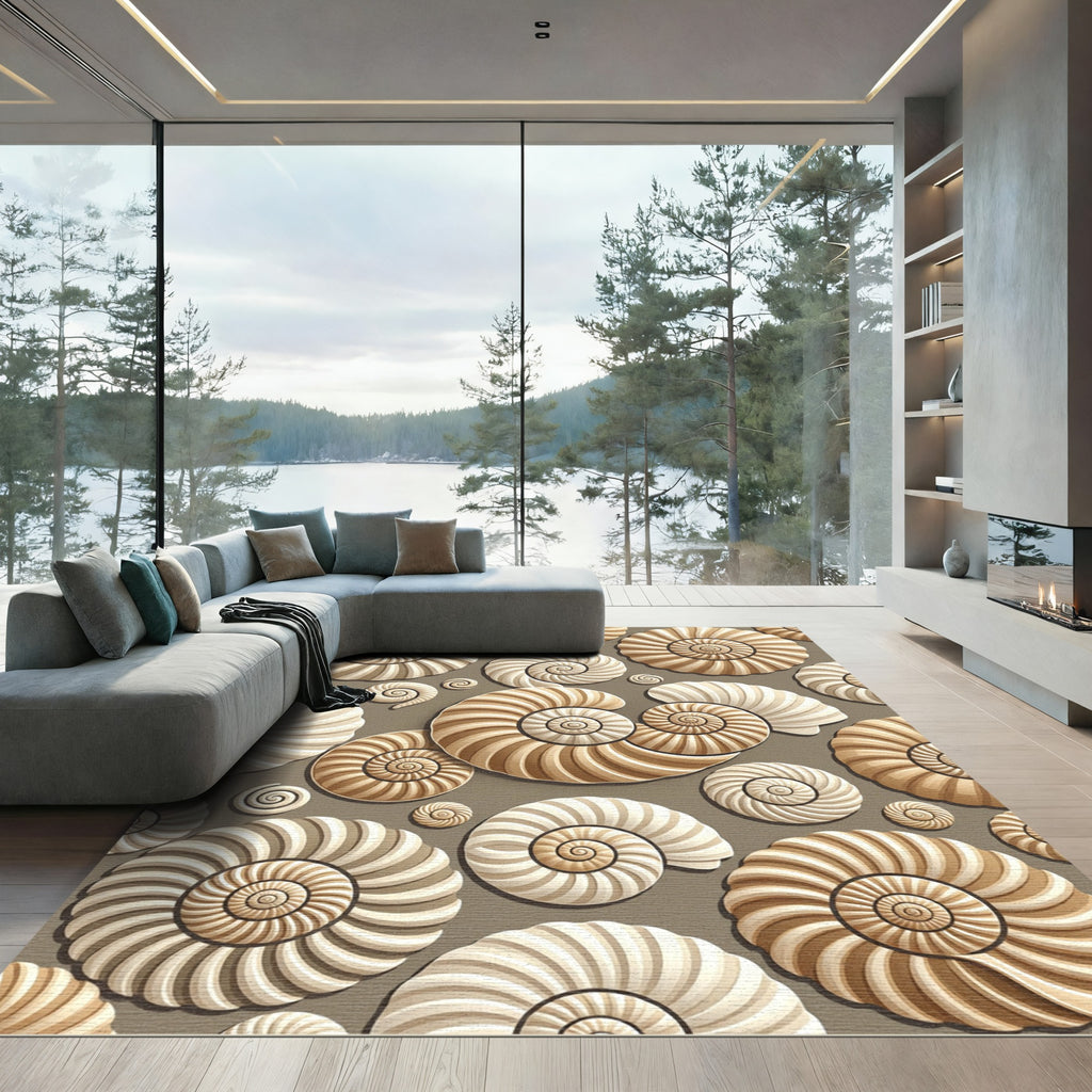Beige Ammonite Spiral Shell Art Rug