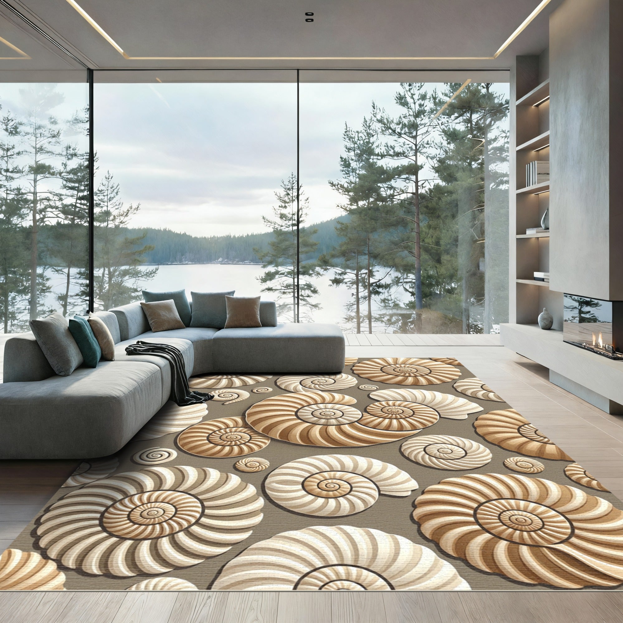 Beige Ammonite Spiral Shell Art Rug