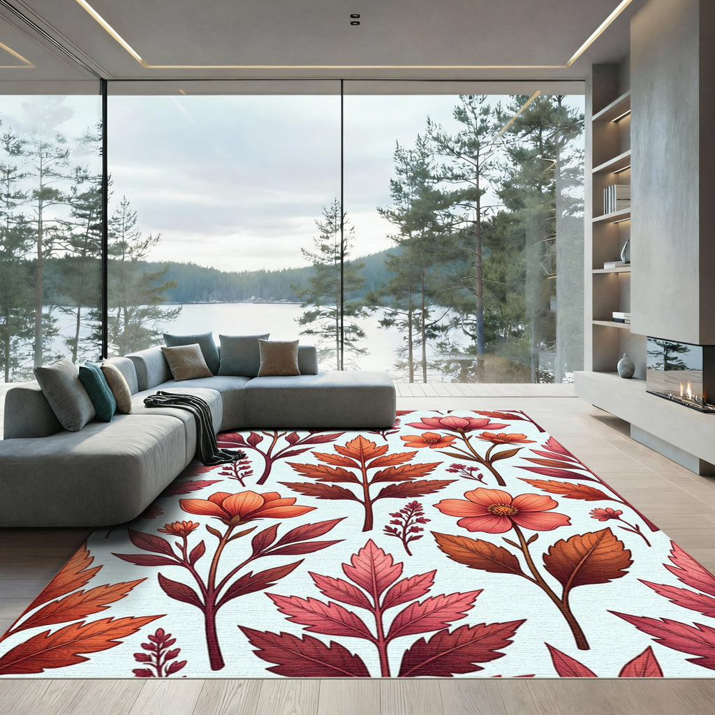 Coral Pink Autumn Floral Branch Arrangement Rug