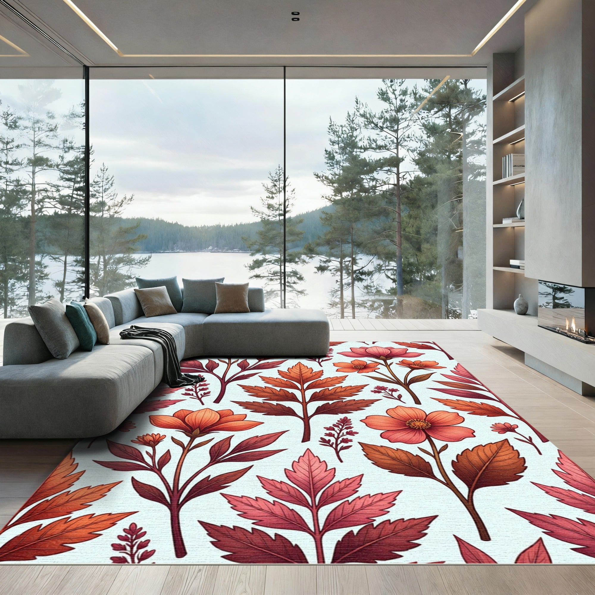 Coral Pink Autumn Floral Branch Arrangement Rug