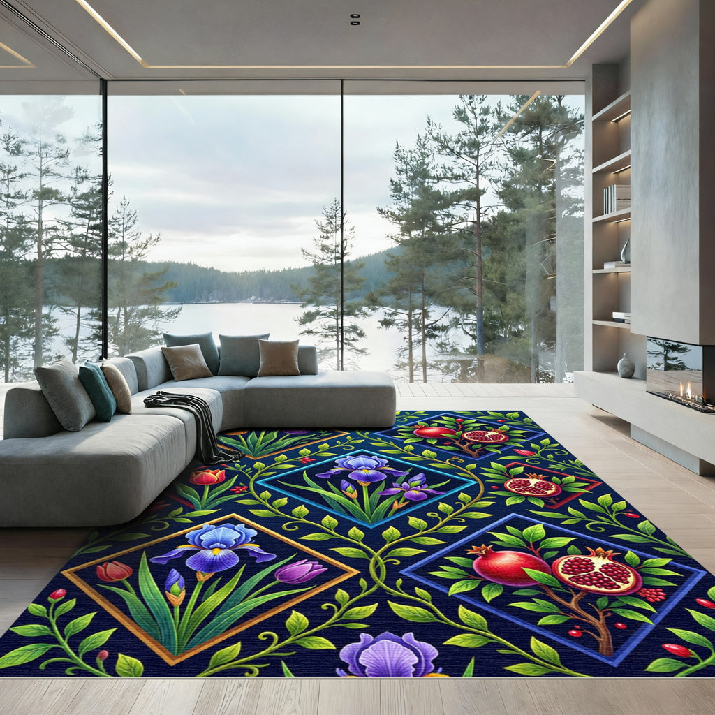 Vivid Botanic Pomegranate and Iris Tile Rug