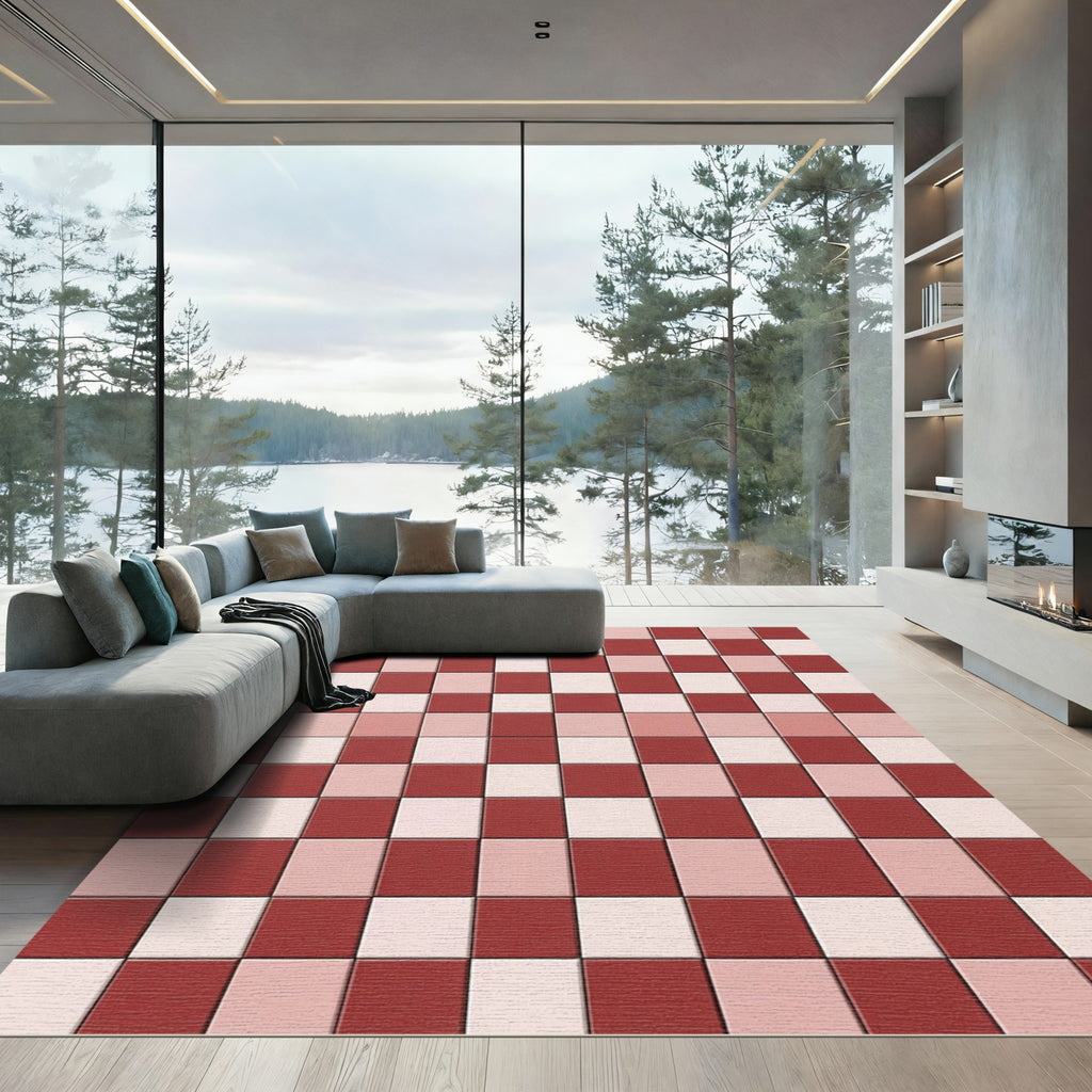 Red White Checkerboard Grid Rug