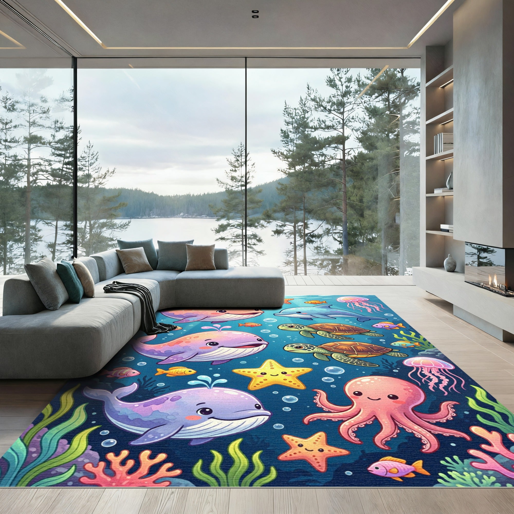 Colorful Whimsical Undersea Creatures Ocean Scene Rug