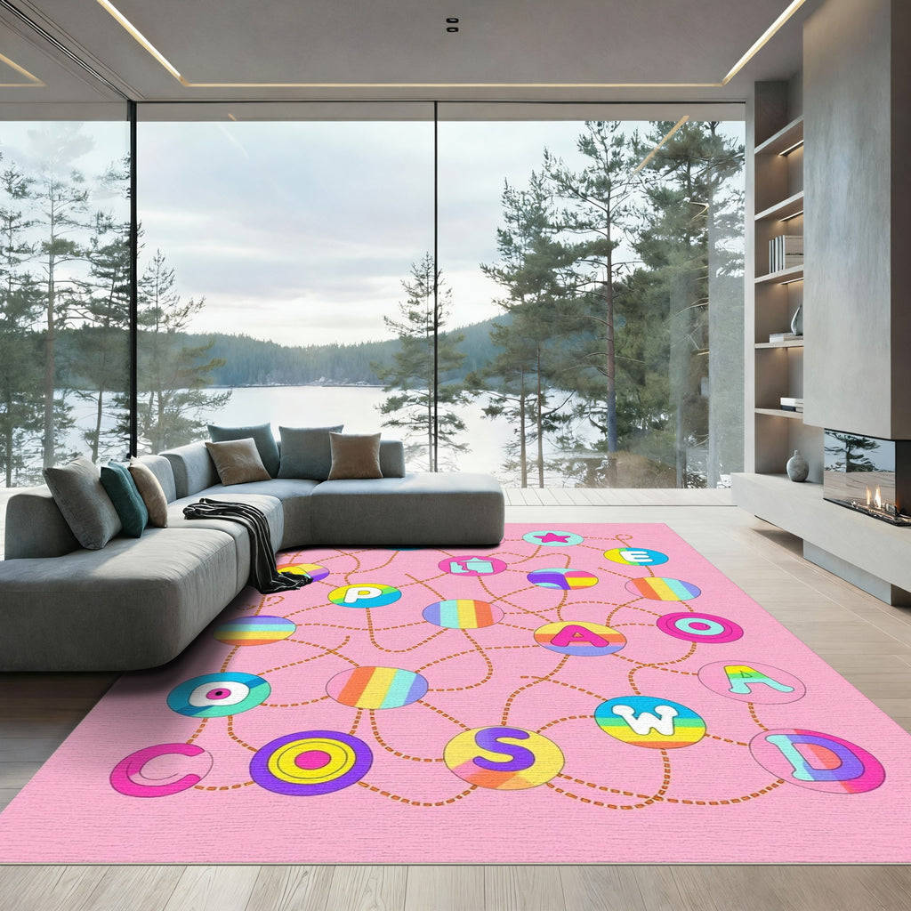 Pink Rainbow Letter Circles Connection Rug