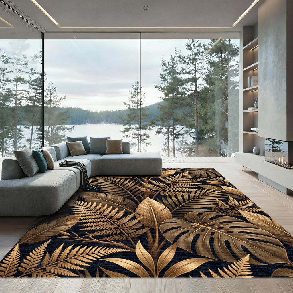 Golden Tropical Foliage Botanical Art Rug