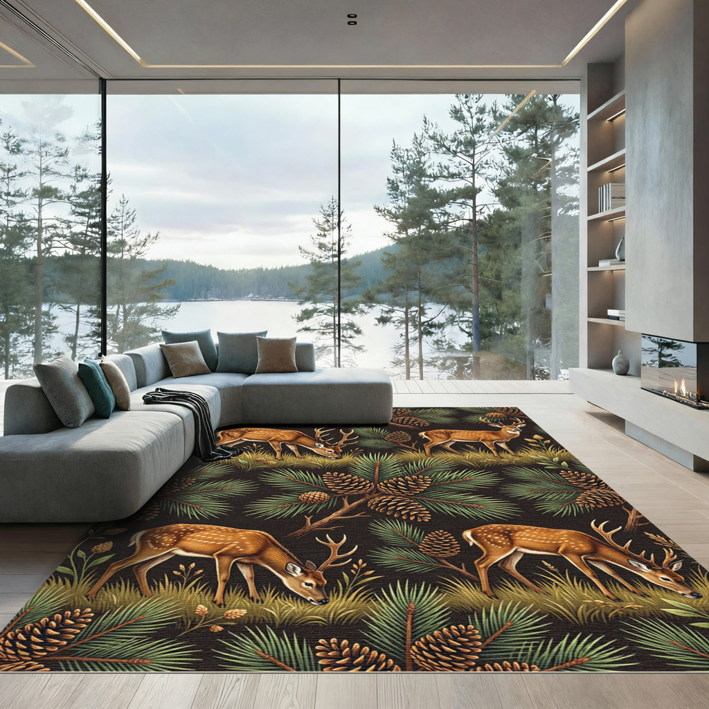 Woodland Deer Pinecone Forest Scene Rug