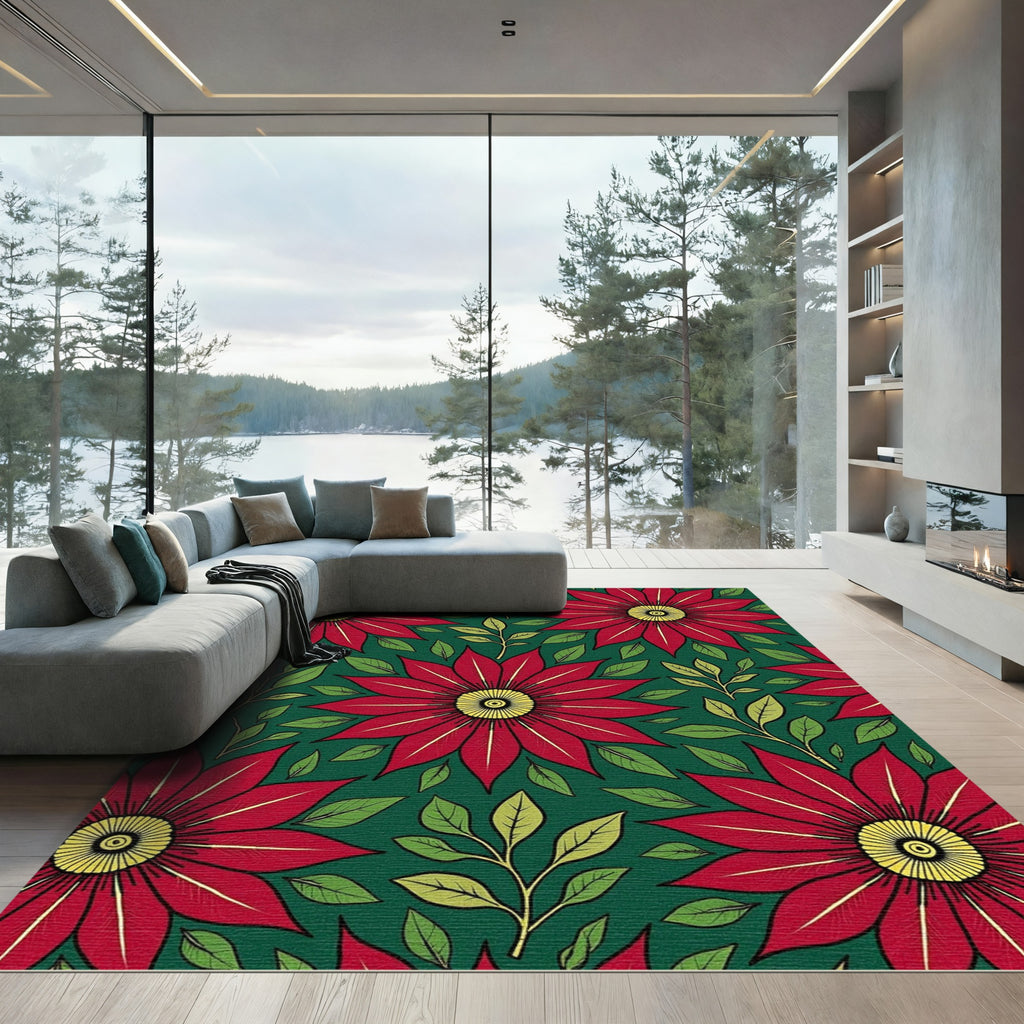 Vibrant Red Starburst Floral Green Rug