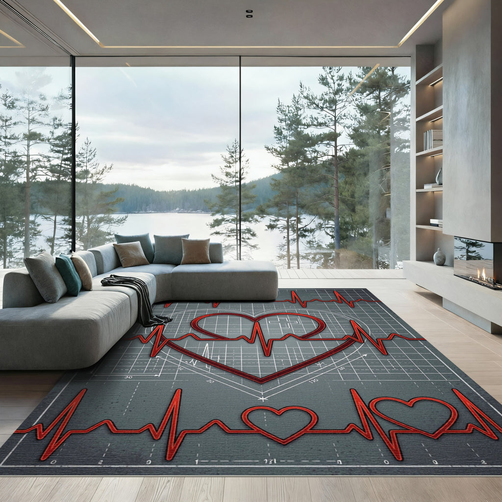 Red Electrocardiogram Heart Blueprint Rug