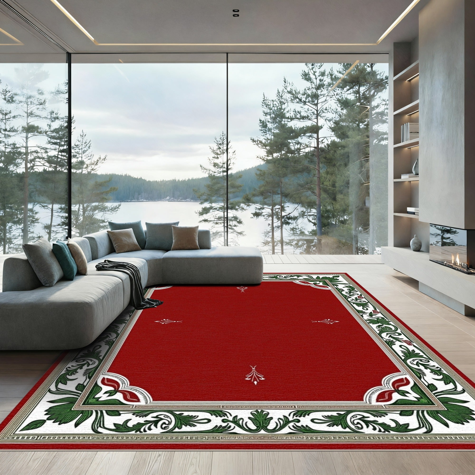 Crimson Green Floral Border Medallion Rug