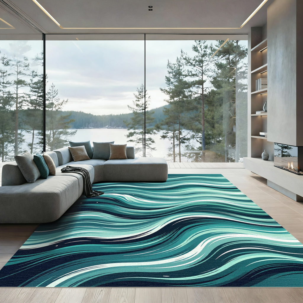 Modern Deep Teal Abstract Wavy Flow Rug