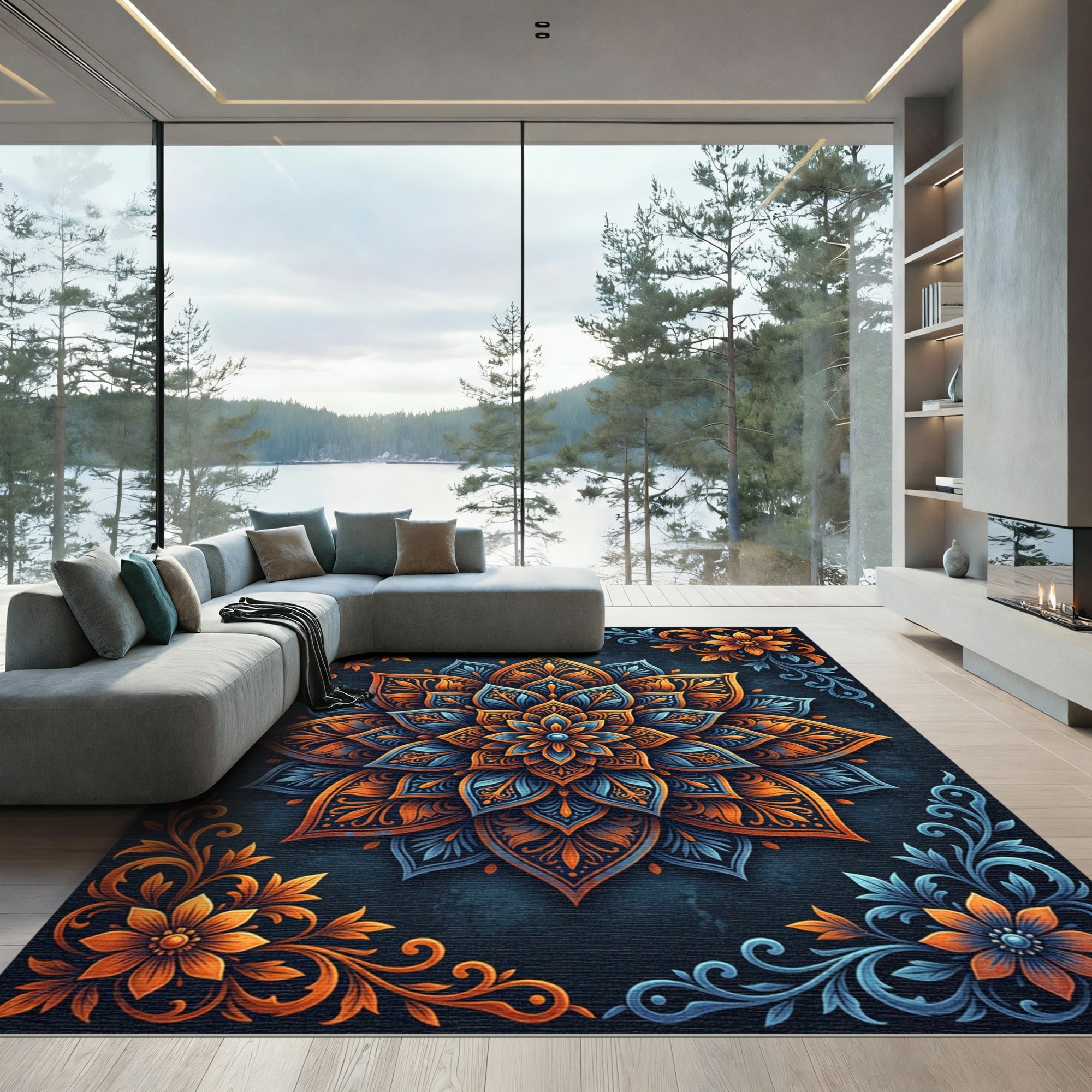 Orange Blue Floral Medallion Art Rug