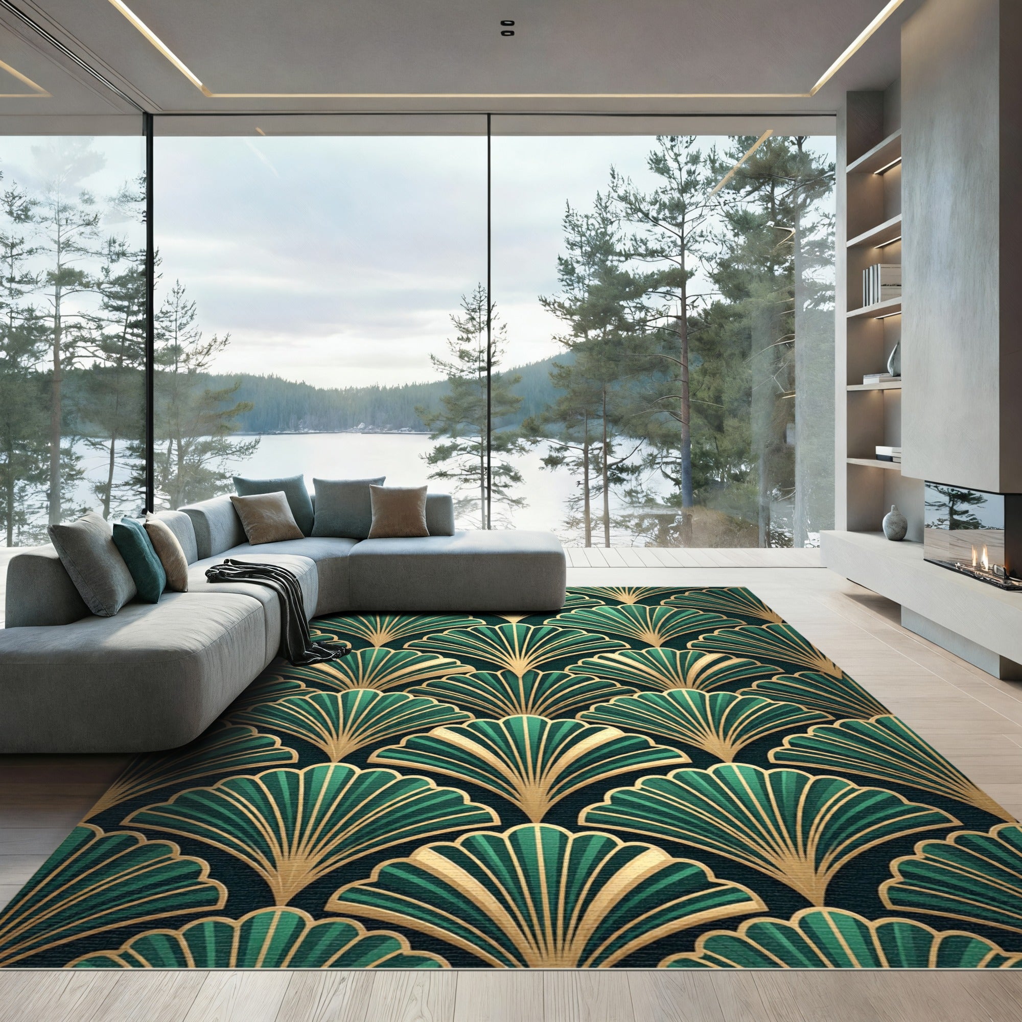 Emerald Green Art Deco Fan Rug