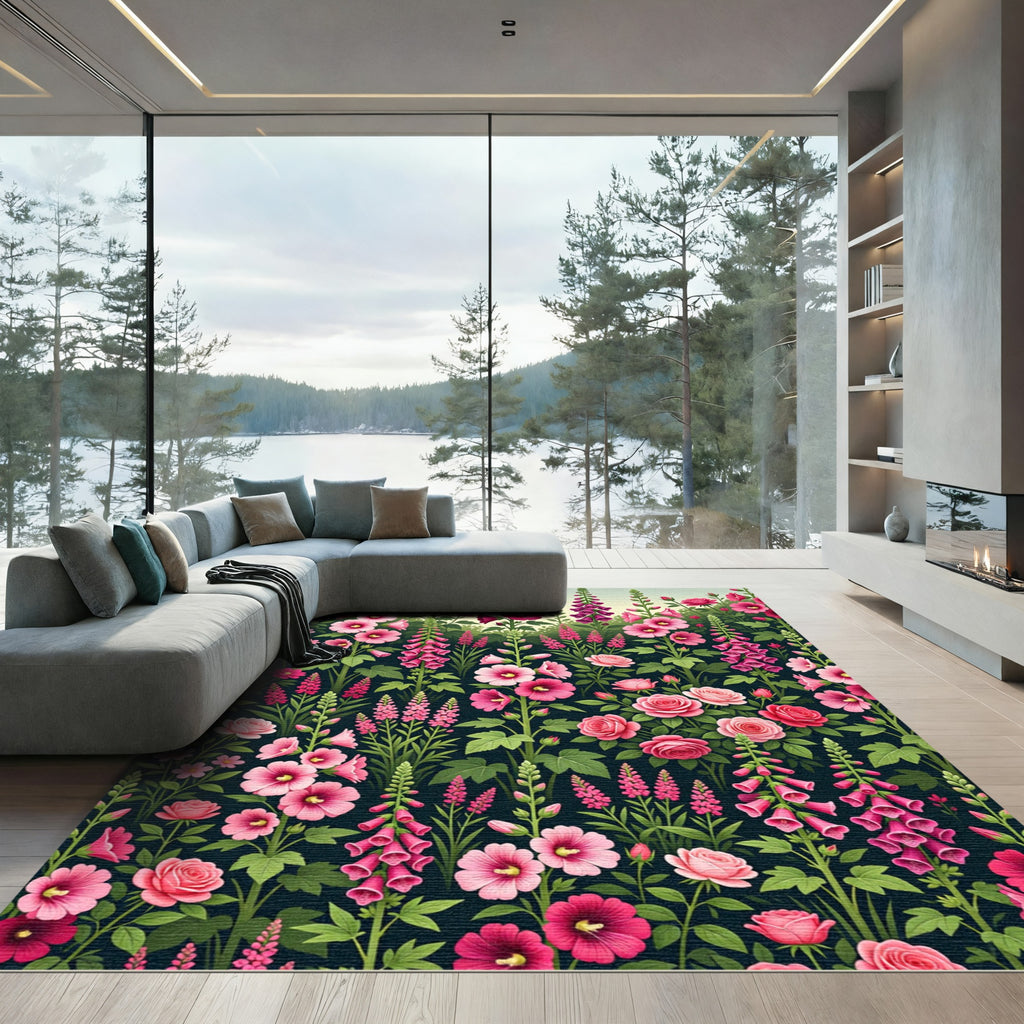 Pink Roses Hollyhocks Foxgloves Garden Rug