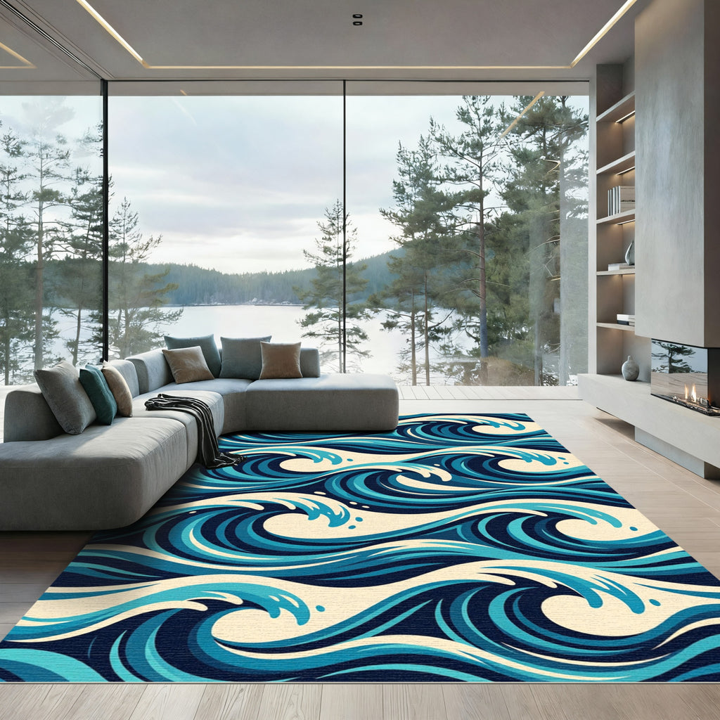 Abstract Navy Blue Ocean Wave Rug