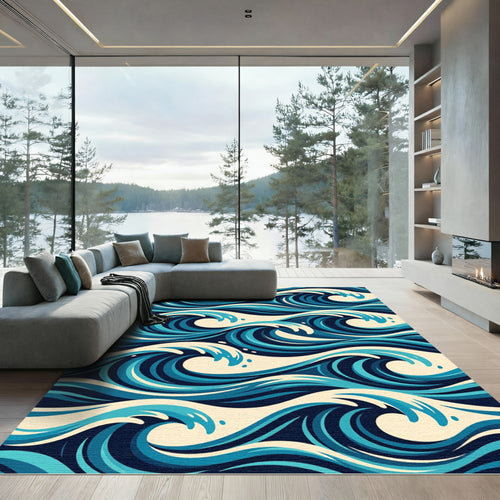 Abstract Navy Blue Ocean Wave Rug