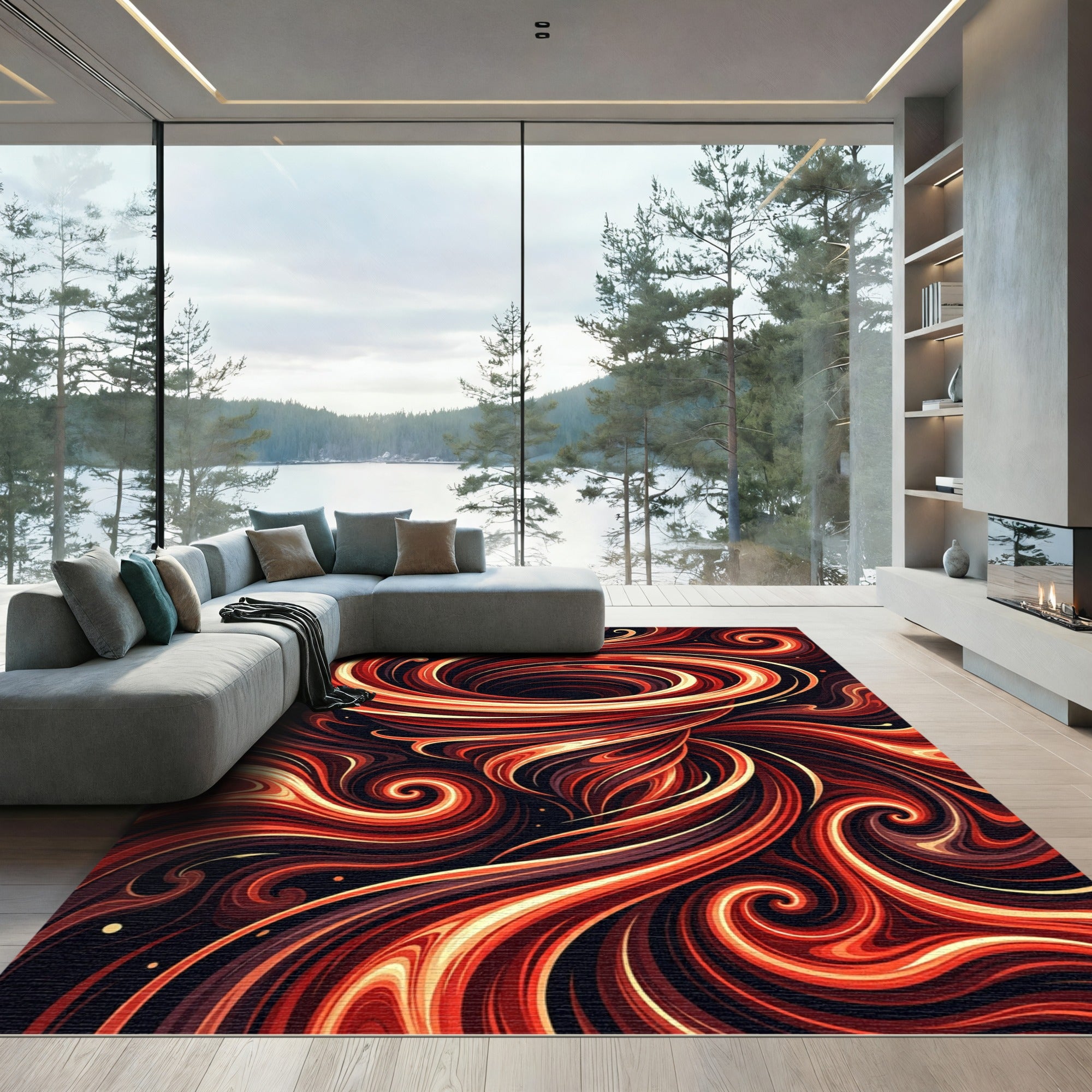Crimson Swirl Vortex Abstract Rug