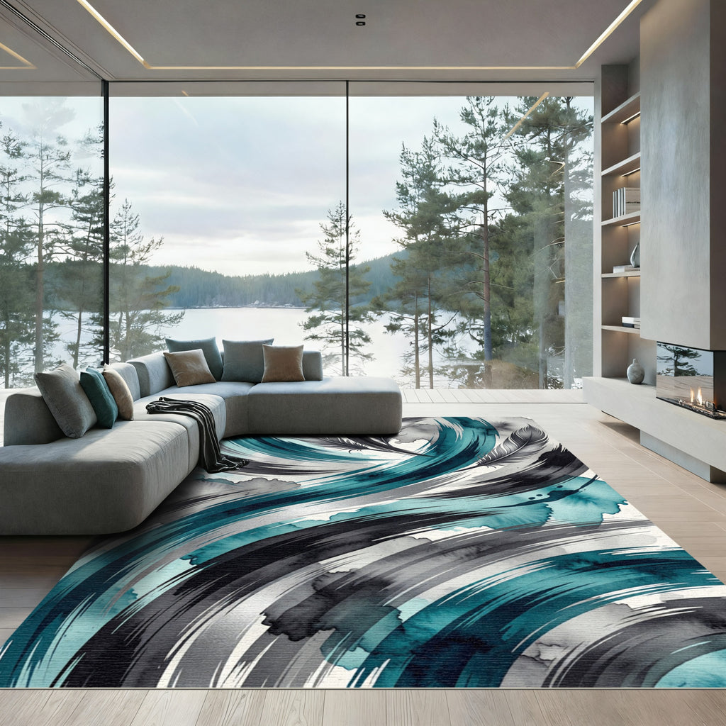 Teal Black Feathered Swirls Rug