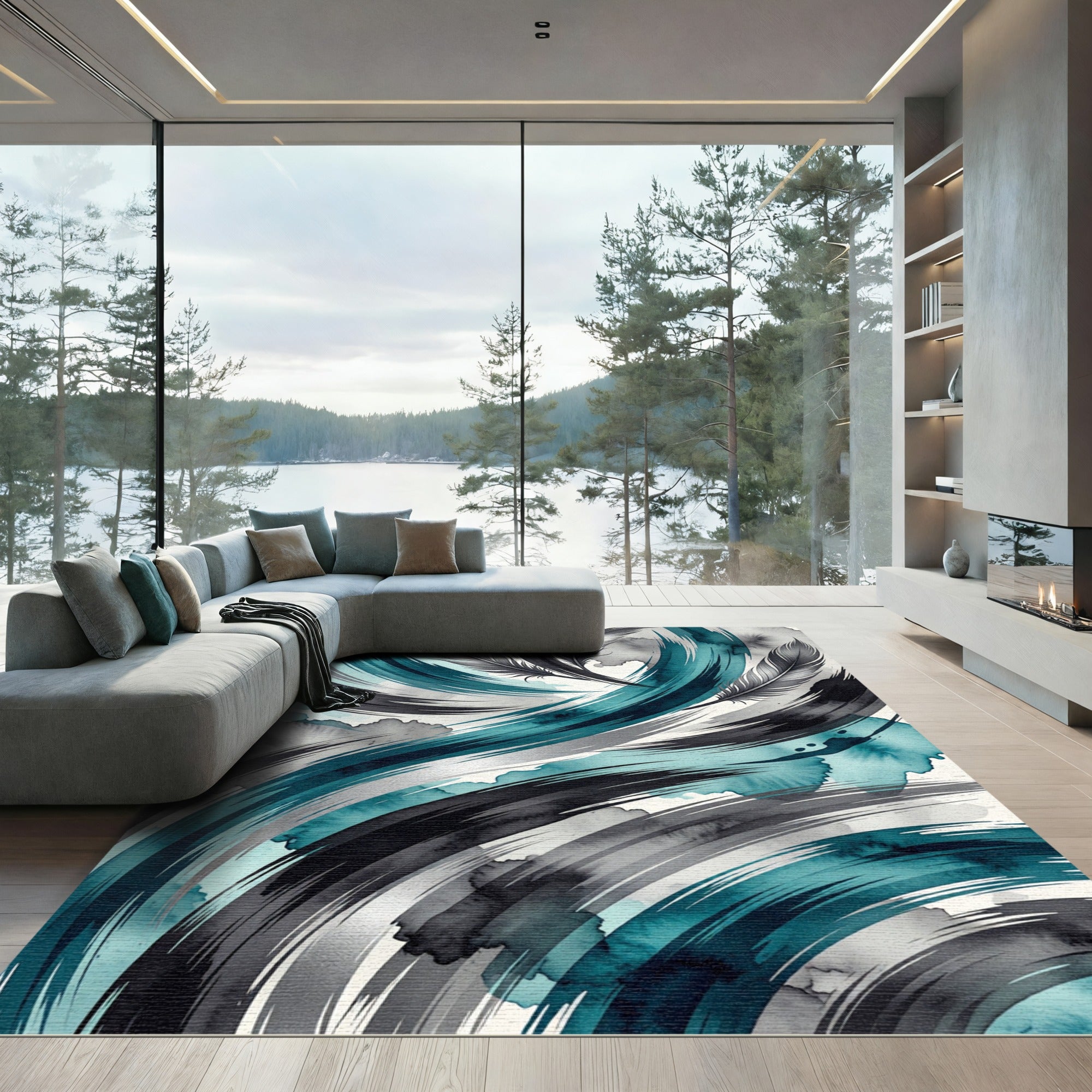 Teal Black Feathered Swirls Rug
