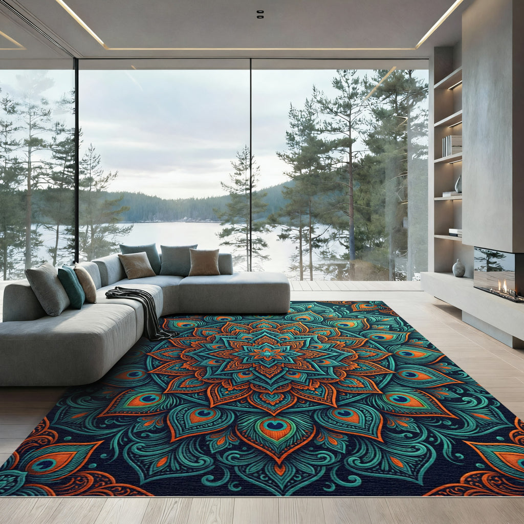 Teal and Orange Peacock Feather Mandala Rug