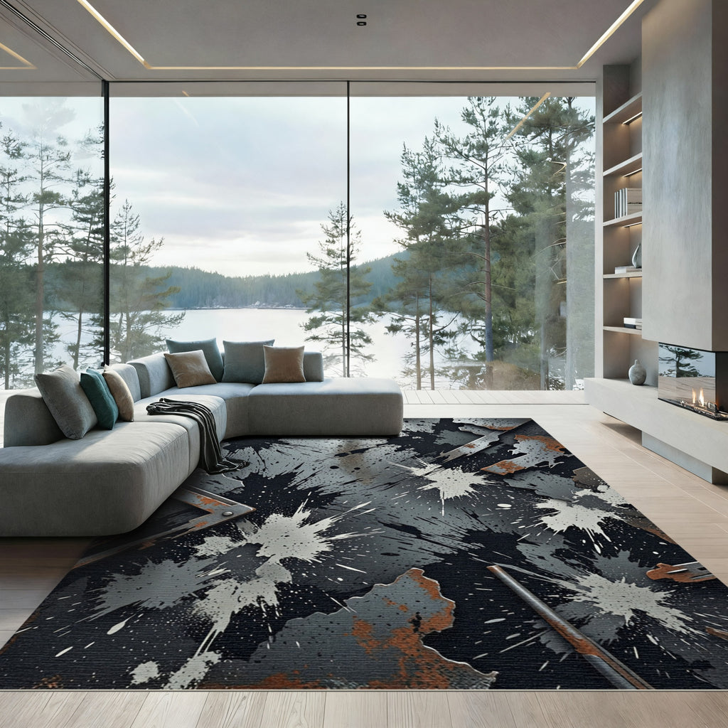 Industrial Grunge Metallic Black Splatter Rug
