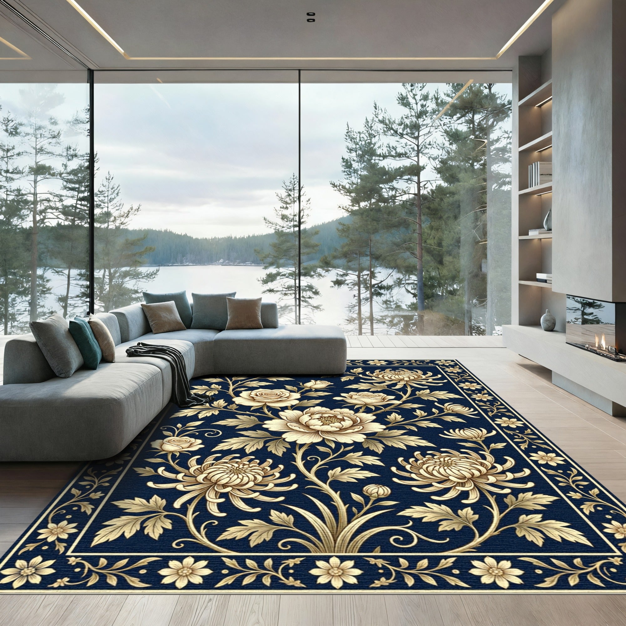 Cream Floral Blooms Dark Navy Border Rug