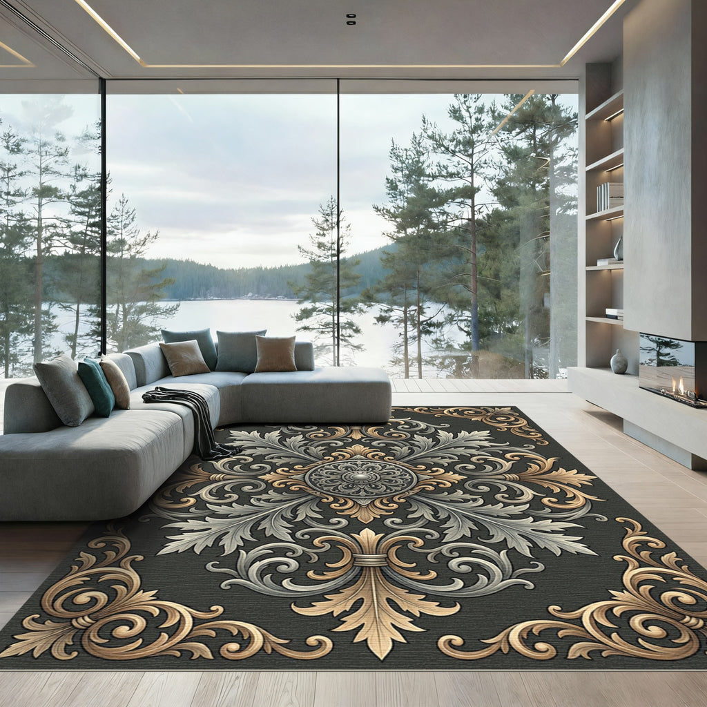 Ornate Gold and Silver Acanthus Medallion Rug