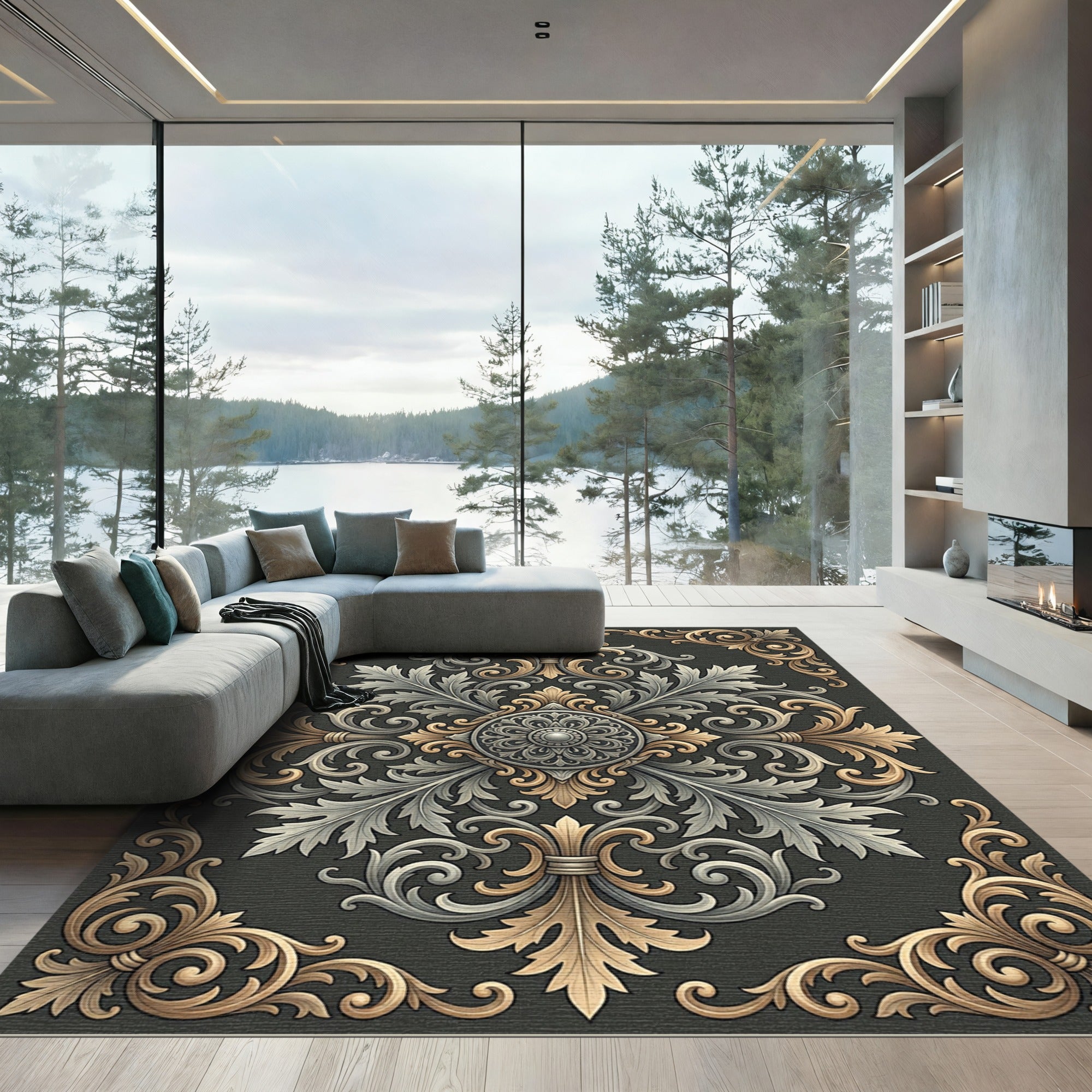 Ornate Gold and Silver Acanthus Medallion Rug
