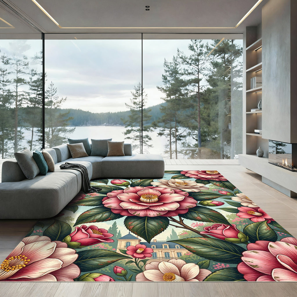 Blushing Camellia Floral Botanical Garden Rug