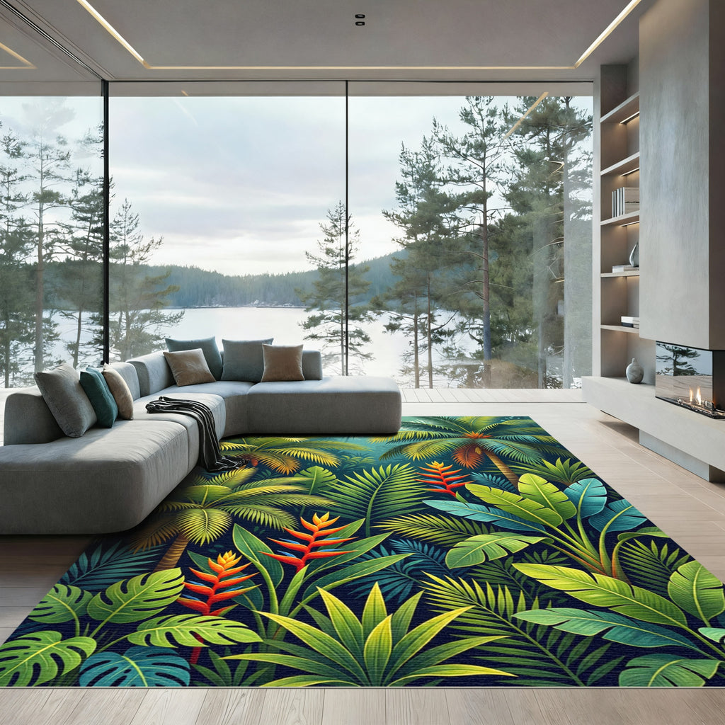 Vibrant Jungle Foliage Tropical Bird of Paradise Rug