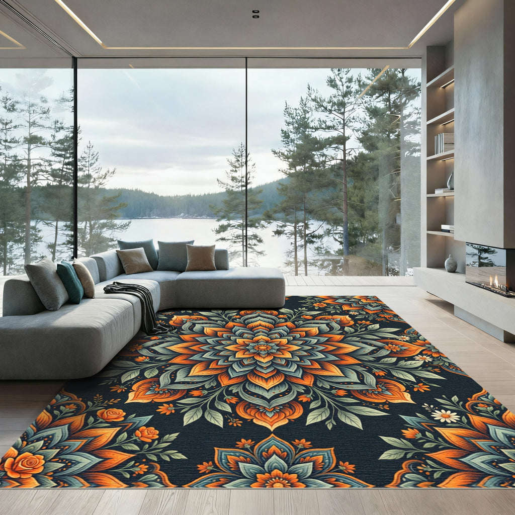 Earthy Orange and Teal Floral Mandala Rug