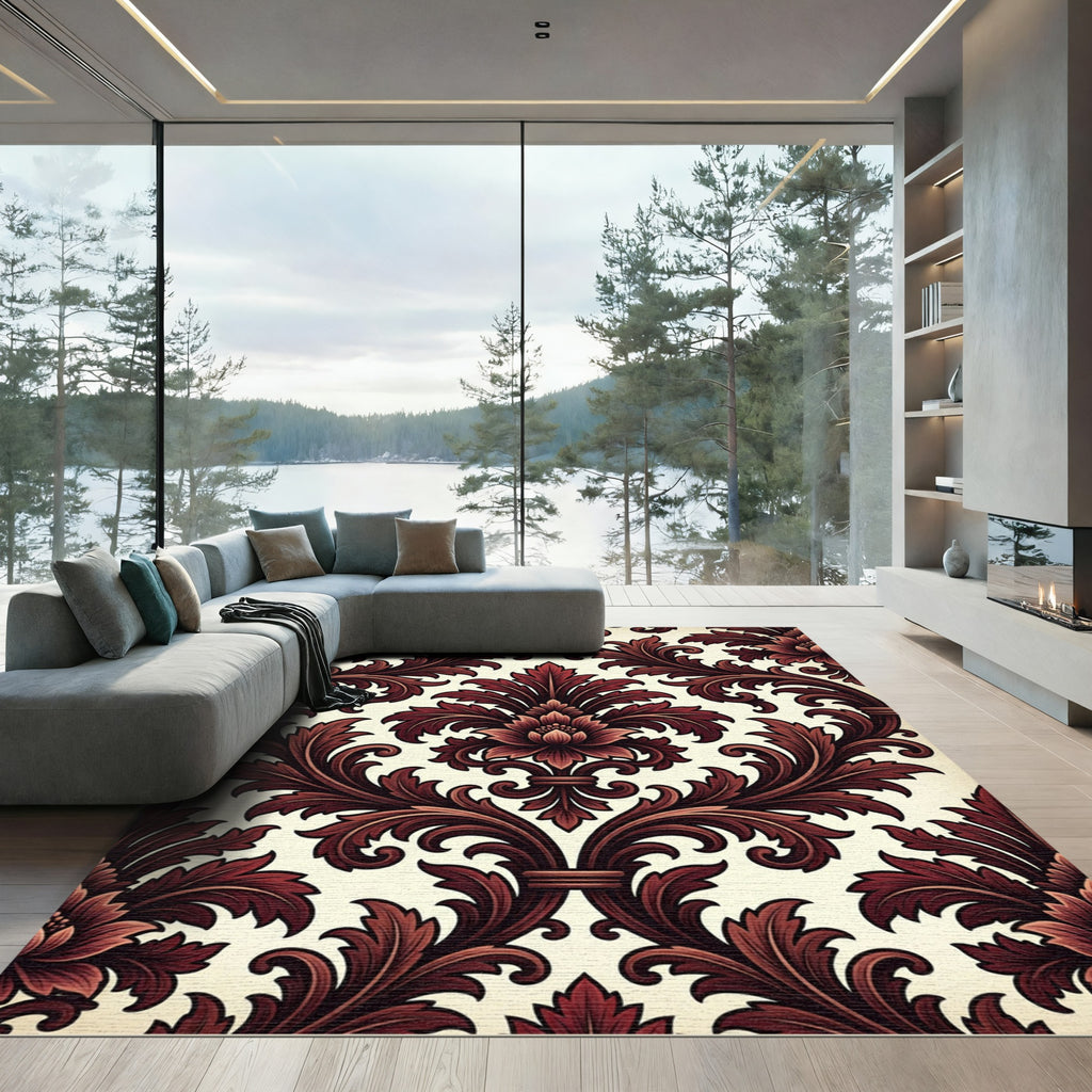 Deep Crimson Floral Acanthus Scroll Rug