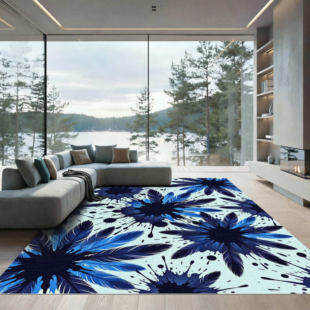 Dark Blue Feather Splash Graphic Rug