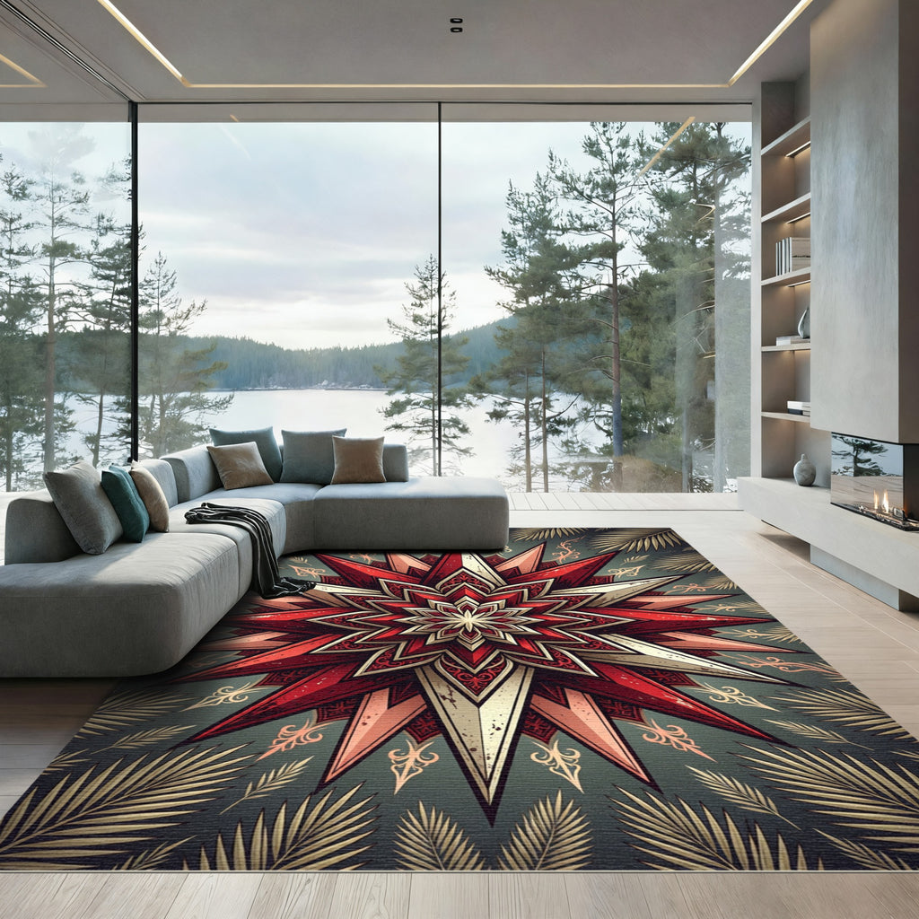 Crimson and Gold Starburst Mandala Rug