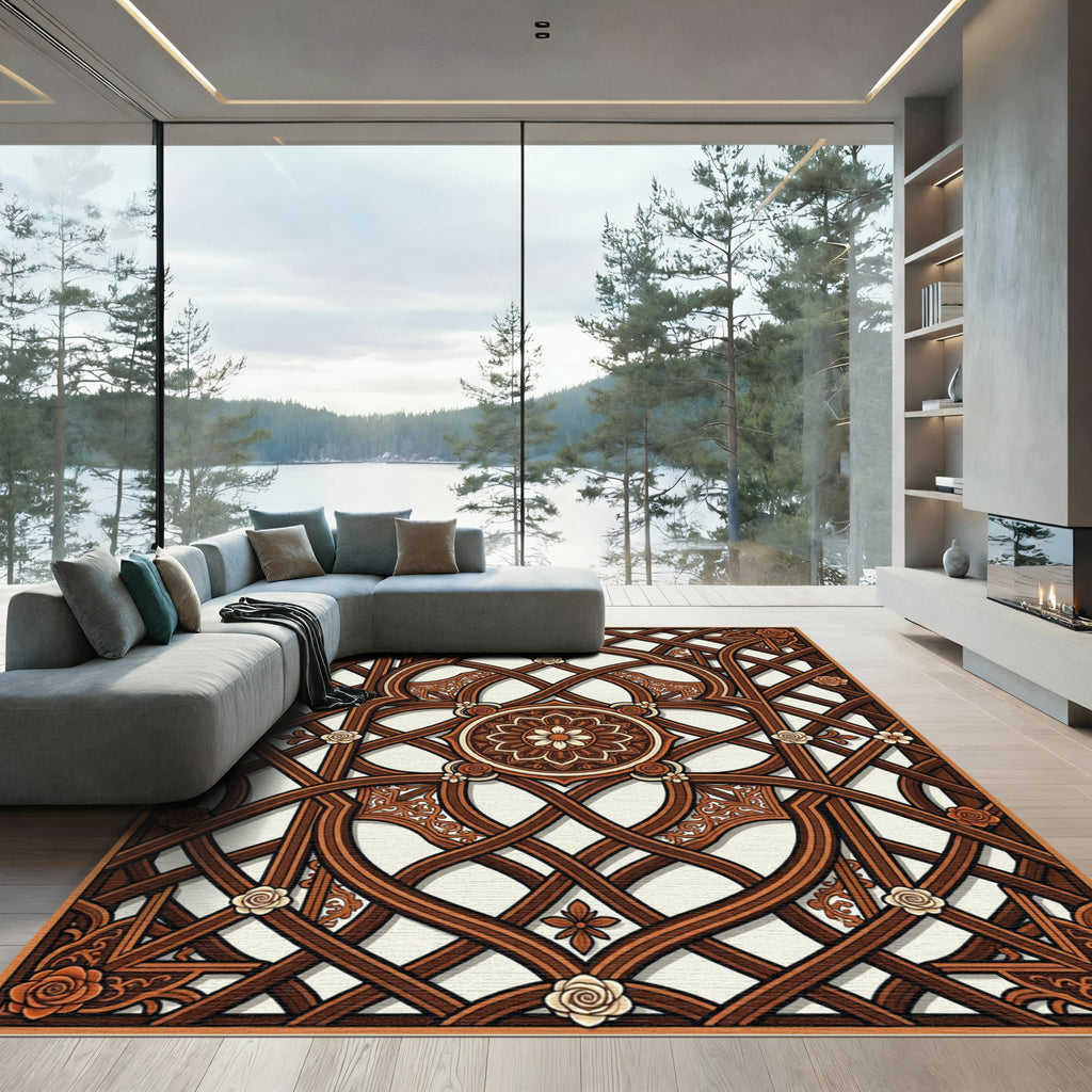 Ornate Walnut Lattice with Floral Medallion Rug