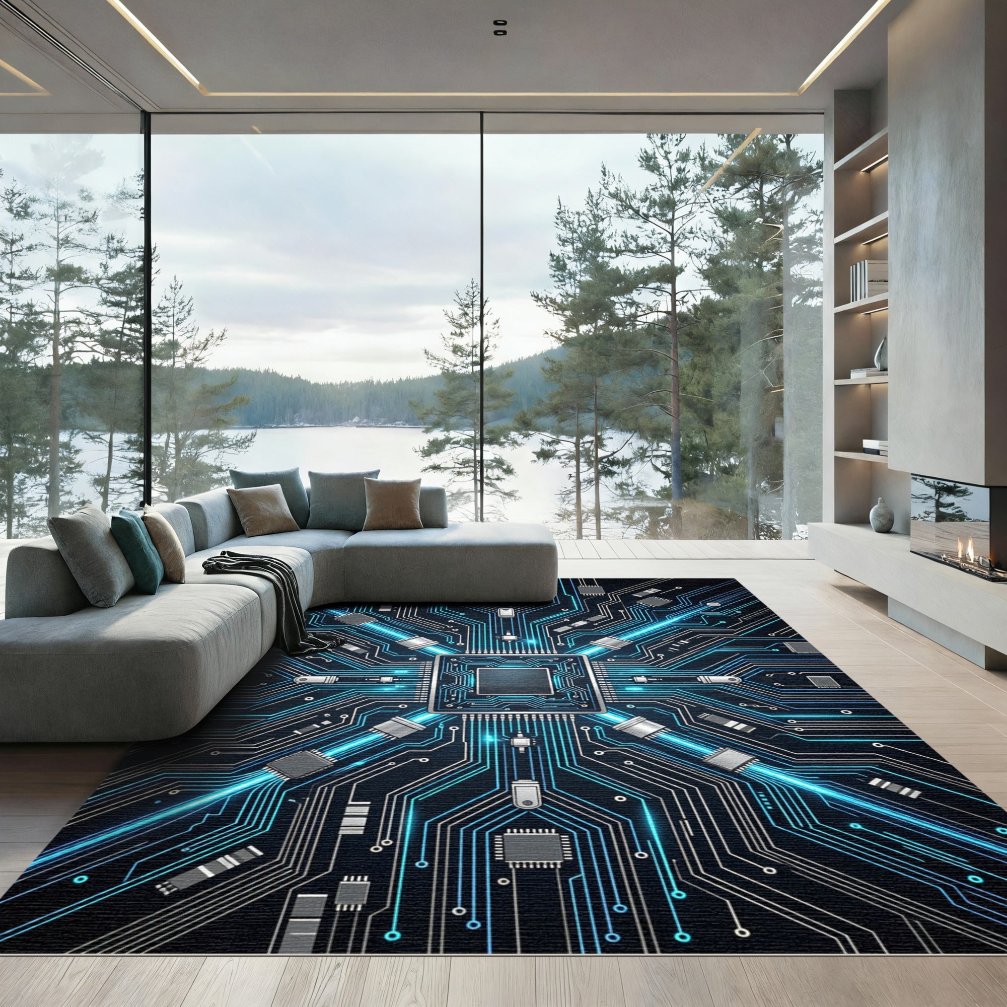 Circuit Board Neon Blue Glow Rug