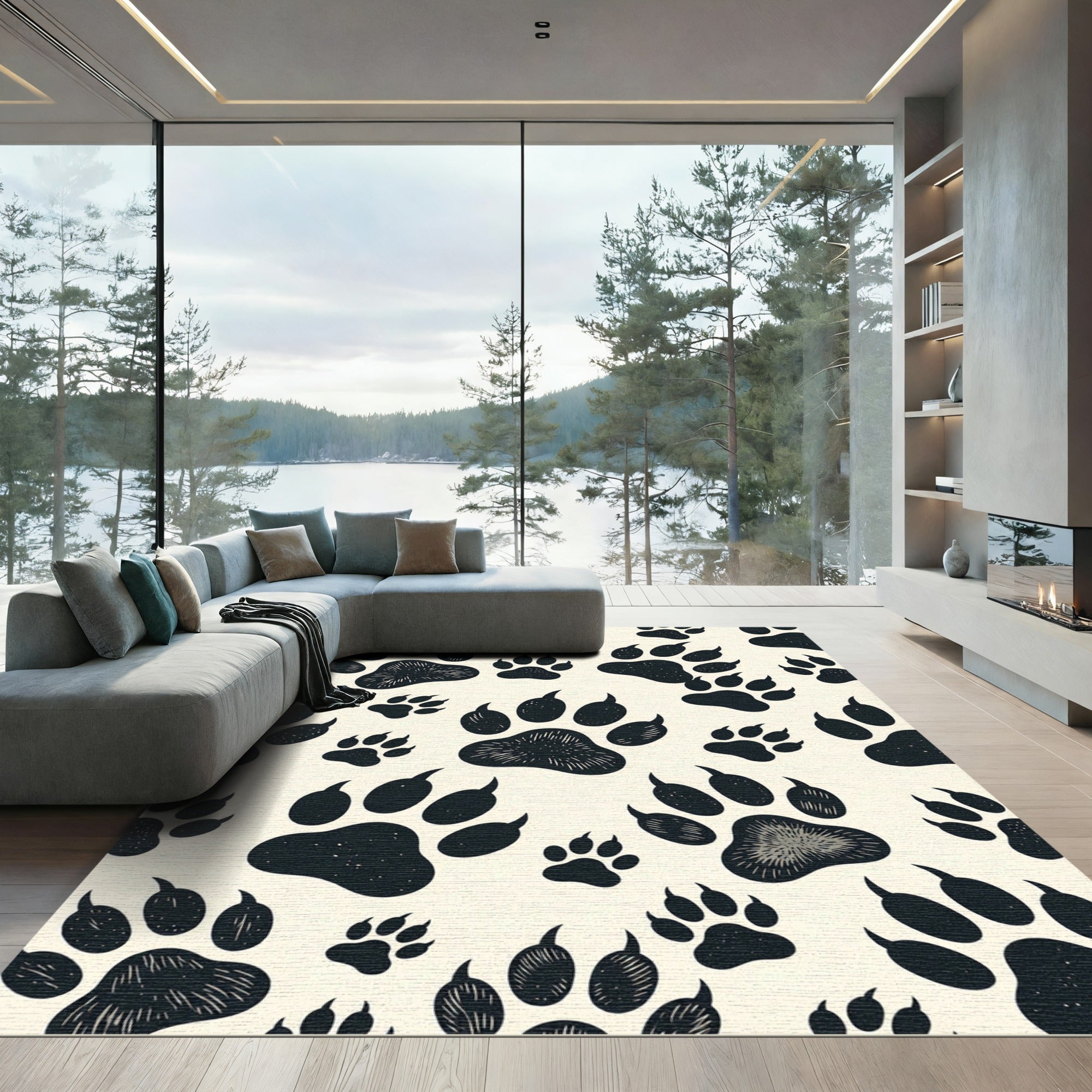 Black and Cream Wildlife Paw Track Rug
