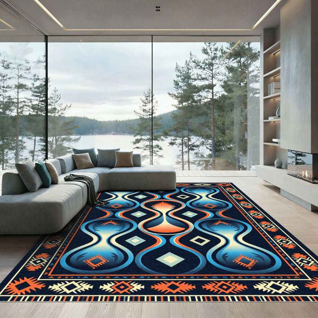 Abstract Hourglass Blue Orange Border Rug