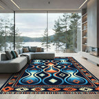 Abstract Hourglass Blue Orange Border Rug