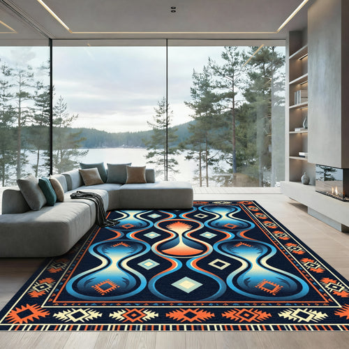 Abstract Hourglass Blue Orange Border Rug