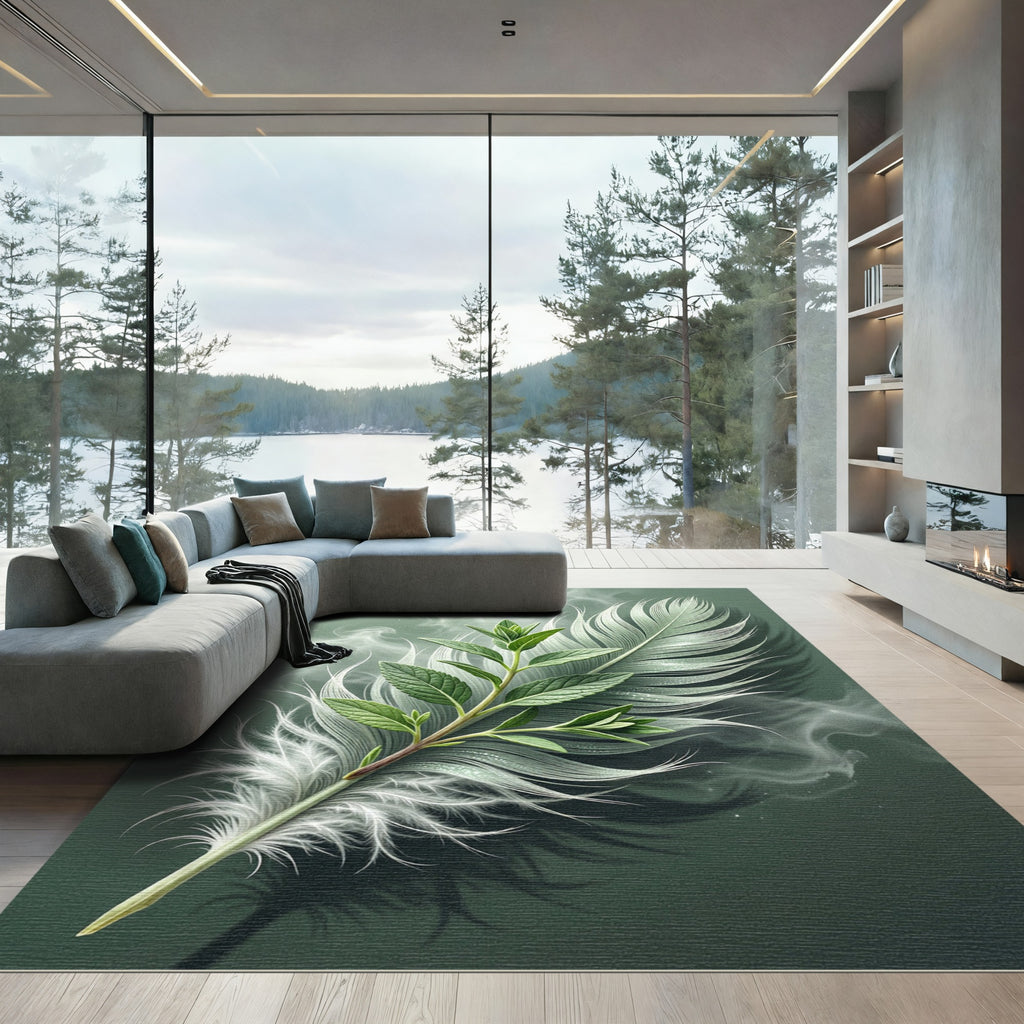 Earthy Green Feathered Branch Rug