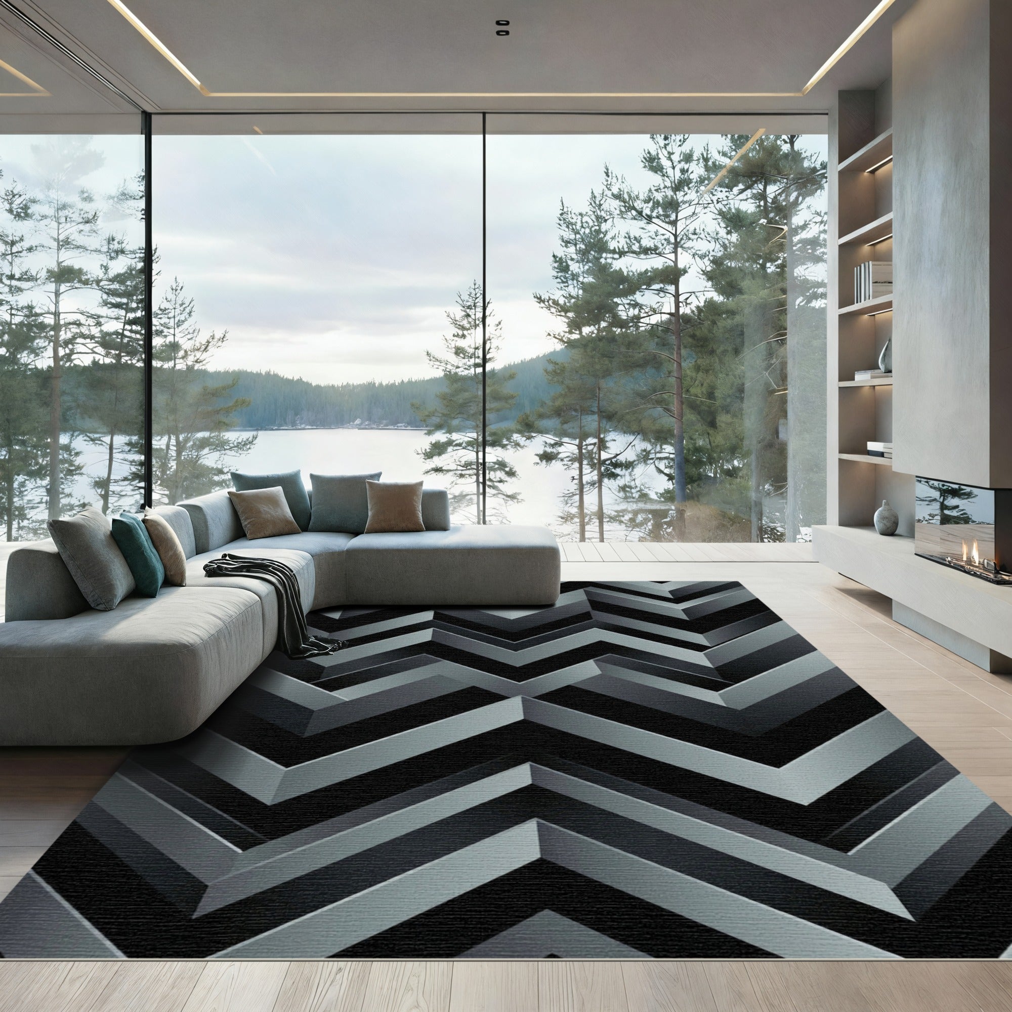 Gray Chevron Geometric Illusion Rug