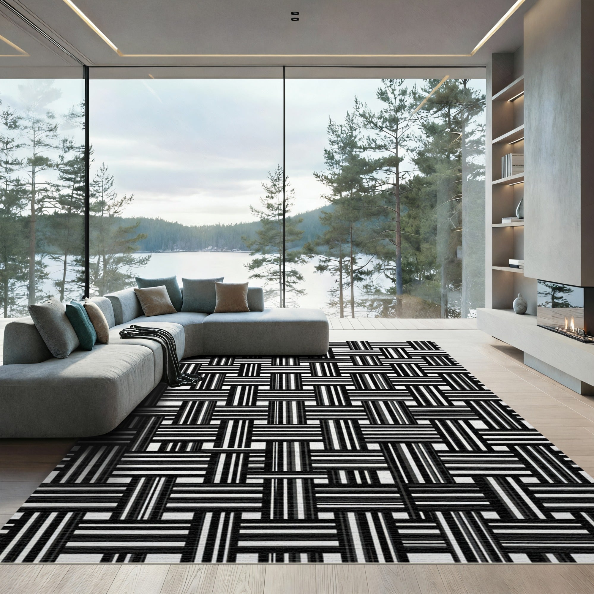Black White Woven Stripe Rug