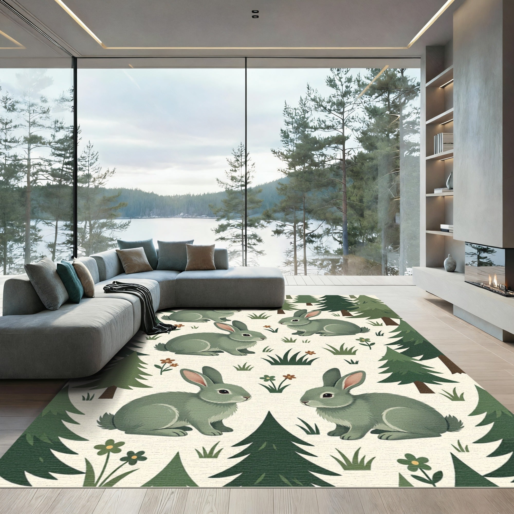 Forest Green Woodland Rabbit Foliage Rug
